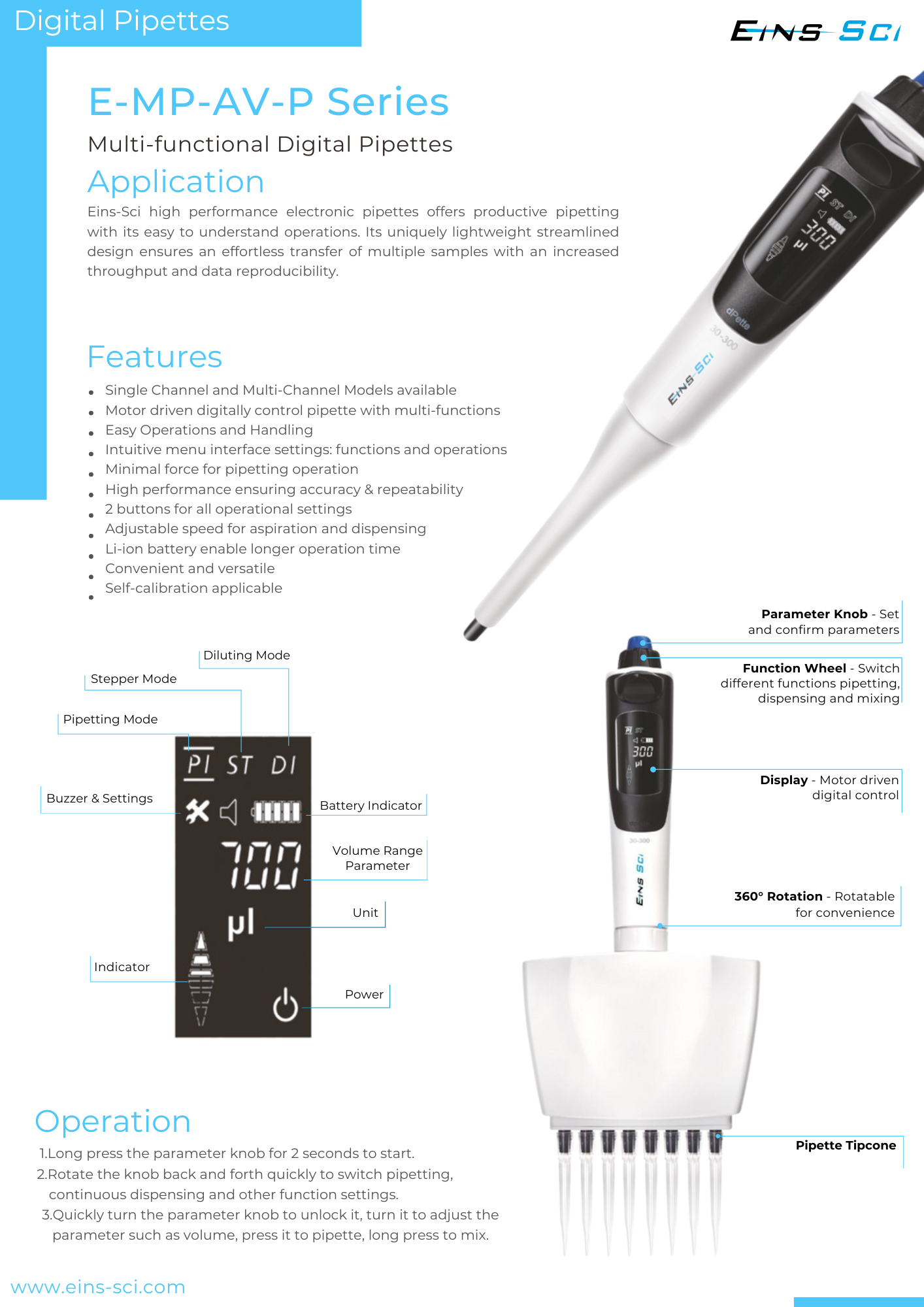 Digital Eight-Channel Adjustable Volume (E-MP8-AV100-P) Pipette