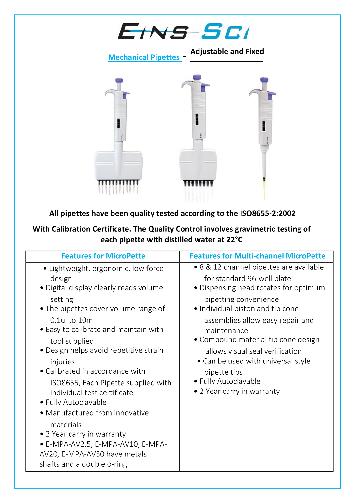 Eight-Channel Adjustable Volume (E-MP12A-AV10) Pipette